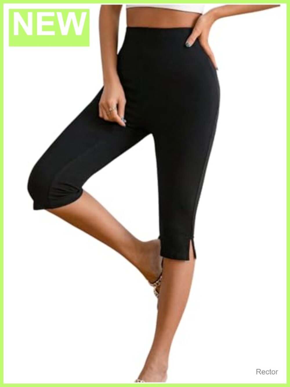 High Waisted Capri Leggings Knee Length Yoga Pants w/ Tummy Control Side Slit